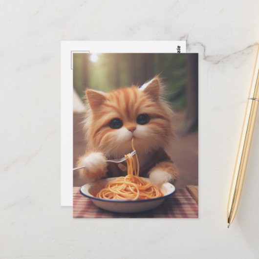 Carte Postale Ginger Kitty Mange Spaghetti (Devant/Arrière en situation)