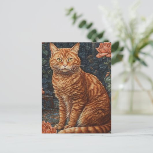 Carte Postale Ginger Tabby Chat et Roses (Debout devant)