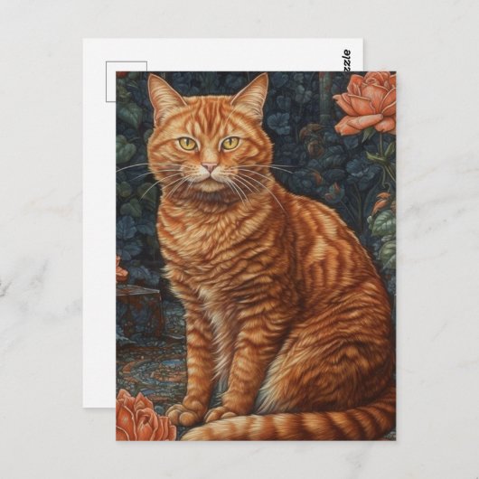 Carte Postale Ginger Tabby Chat et Roses (Devant / Derrière)