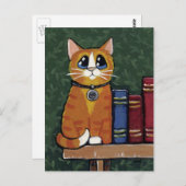 Carte Postale Ginger Tabby Chat sur la bibliothèque Illustration (Devant / Derrière)