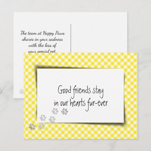 Carte Postale Gingham jaune Perte d'animal de compagnie du vétér (Devant / Derrière)