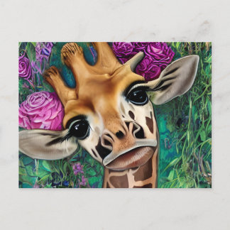 Carte Postale Girafe avec Rose et aquarelle