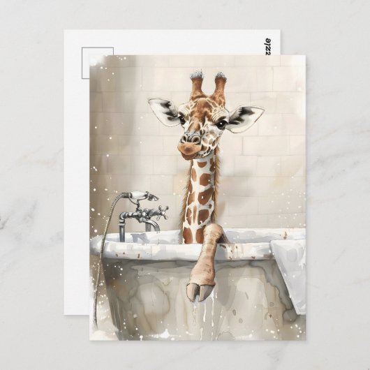 Carte Postale Girafe dans un bain. (Devant / Derrière)