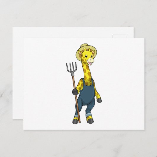 Carte Postale Girafe en fermier avec fourche (Devant / Derrière)