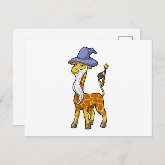 Carte Postale Girafe en Magicien avec baguette magique et chapea (Devant / Derrière)
