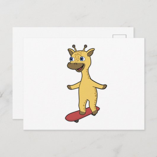 Carte Postale Girafe en patineur avec planche à roulettes (Devant / Derrière)