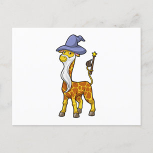 Carte Postale Girafe en sorcier avec baguette magique et chapeau