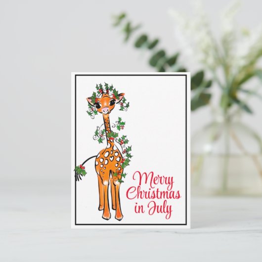 Carte Postale Girafe festive de vacances Joyeux Noël en juillet (Debout devant)