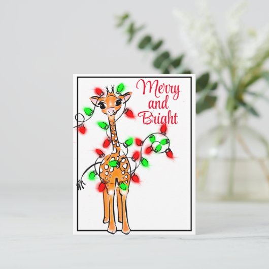 Carte Postale Girafe festive de vacances | lumières de Noël roug (Debout devant)