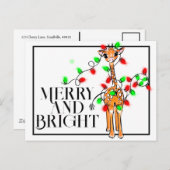 Carte Postale Girafe festive de vacances | lumières de Noël roug (Devant / Derrière)
