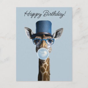 Carte Postale Girafe portant des lunettes, haut-de-forme et gomm