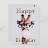 Carte Postale Girafe portant des lunettes soufflant un bubble gu (Devant / Derrière)