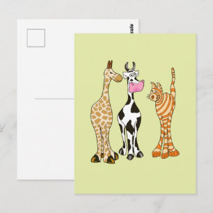 Carte Postale Girafe vache et chat, animaux comiques.