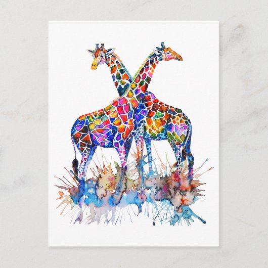 Carte Postale Girafes à taches de peinture aquarelle arc-en-ciel (Devant)