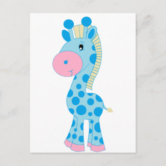 Carte Postale Giraffe Bébé en Cartoon Bleu et Rose