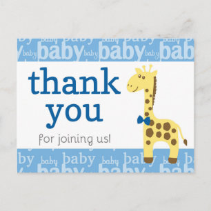 Carte Postale Giraffe en Baby shower bleu Bow pour Merci garçon