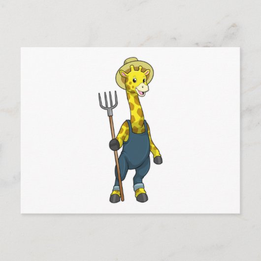 Carte Postale Giraffe en fermier avec Pitchfork (Devant)