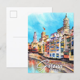 Carte Postale Girona Espagne Aquarelle Peinture Voyage