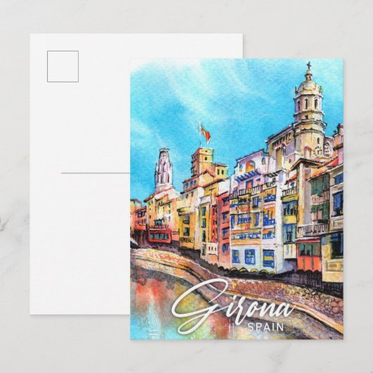 Carte Postale Girona Espagne Aquarelle Peinture Voyage (Devant / Derrière)