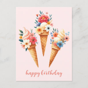 Carte Postale Glace aux fleurs - joyeux anniversaire - aquarelle