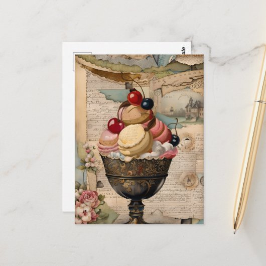Carte Postale Glace Sundae Collage Vintage (Devant/Arrière en situation)