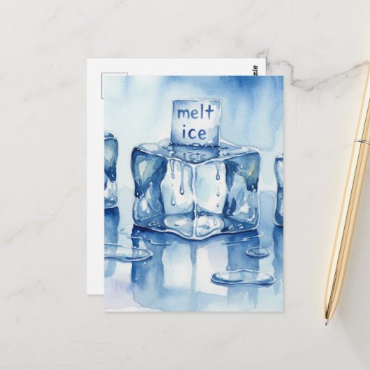 Carte Postale Glaçons fondus typographie aquarelle flaque (Devant/Arrière en situation)