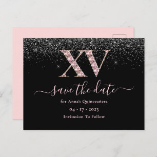 Carte Postale Glam Black And Rose Quinceanera Enregistrer La Dat
