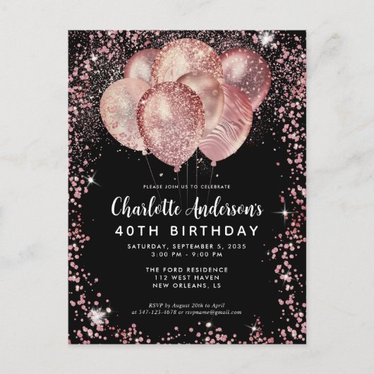 Carte Postale Glam Black Rose Gold Parties scintillant Ballons A (Devant)