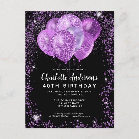 Carte Postale Glam Black Violet Violet Parties scintillant Ballo (Devant)