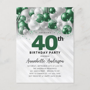 Carte Postale Glam Green Silver Balloon Parties scintillant 40e