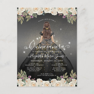 Carte Postale Glam or blanc noir floral Princesse Quinceanera
