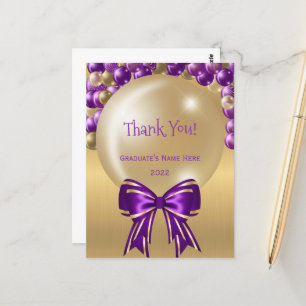 Carte Postale Glam Purple Gold Balloon Bow Merci Graduation