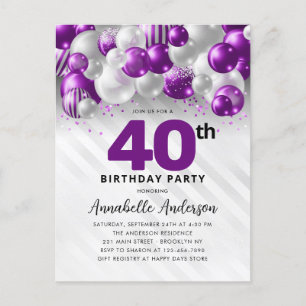 Carte Postale Glam Purple Silver Balloon Parties scintillant 40e