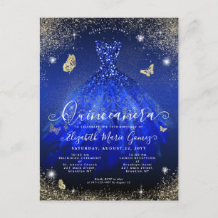 Carte Postale Glam Royal Blue Gold Parties scintillant Gown Quin