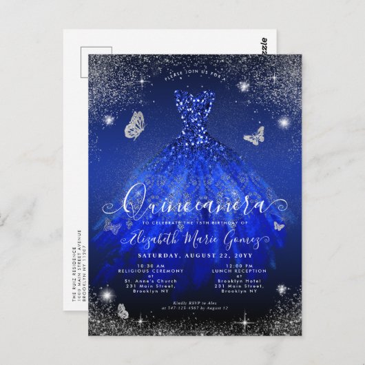 Carte Postale Glam Royal Blue Silver Parties scintillant Gown Qu (Devant / Derrière)