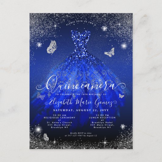 Carte Postale Glam Royal Blue Silver Parties scintillant Gown Qu (Devant)