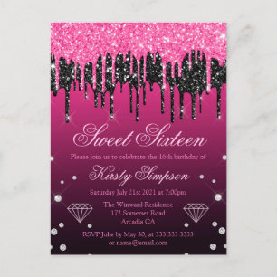 Carte Postale Glamour Noir & Rose qui dégouline de paillettes Sw