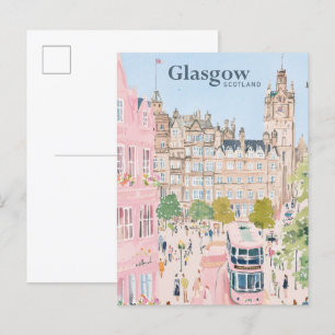 Carte Postale Glasgow Ecosse Gouache Peinture Illustration Voyag
