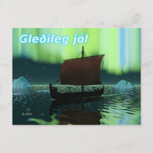Carte Postale Gleðileg Jól - Viking Ship Et Northern Lights