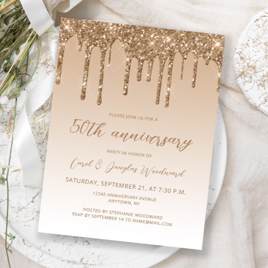 Carte Postale Glitter Drip Gold 50th Anniversary Script