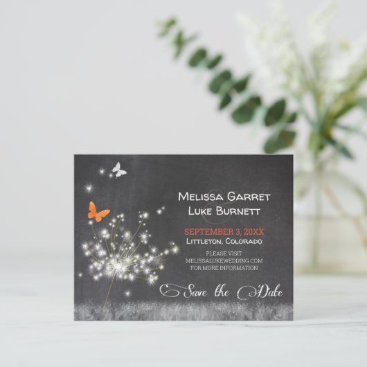 Carte Postale Glitzy Dandelion Chalkboard Mariage Enregistrer la (Debout devant)