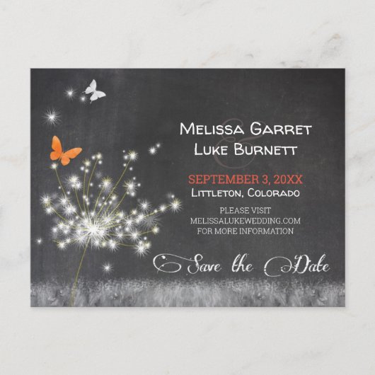 Carte Postale Glitzy Dandelion Chalkboard Mariage Enregistrer la (Devant)