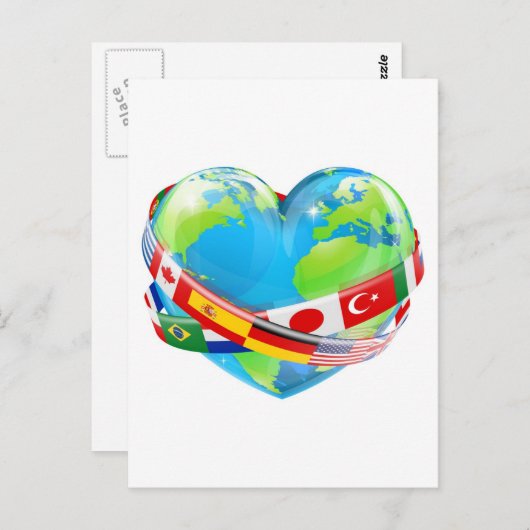 Carte Postale globe cardiaque avec drapeaux (Devant / Derrière)