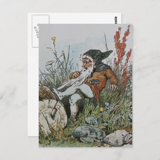 Carte Postale Gnome avec sa barbe prise sur un journal (Devant / Derrière)