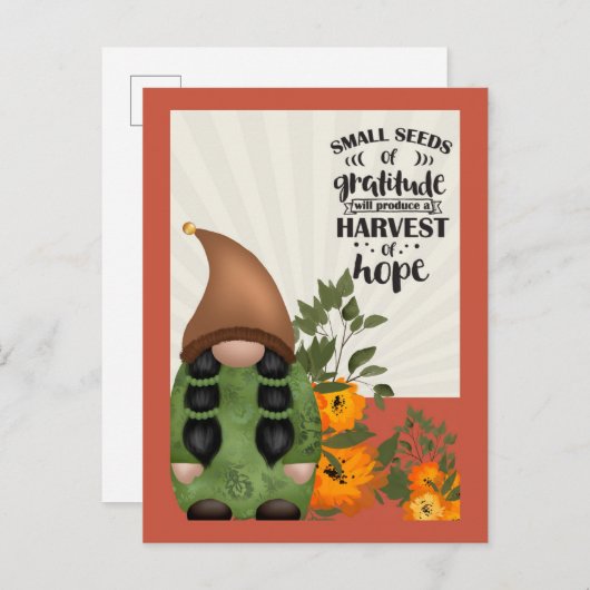 Carte Postale Gnome de gratitude de récolte d'automne (Devant / Derrière)