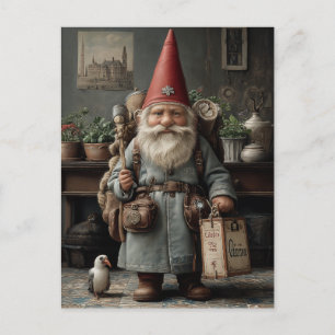Carte Postale Gnome de Noël Voyageur Vintage