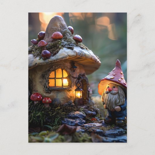 Carte Postale Gnome et maison champignon, conception fantastique (Devant)