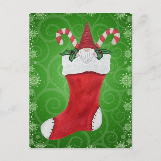 Carte Postale Gnome hérissée à Noël Stocking Green Swirls (Devant)