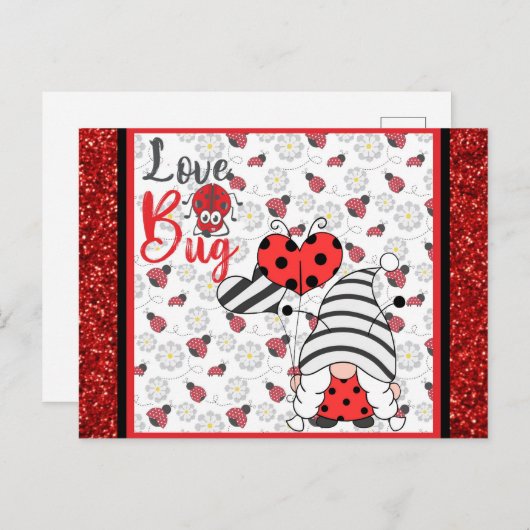 Carte Postale Gnome mignonne Amour Bug Ladybug Valentines Day (Devant / Derrière)