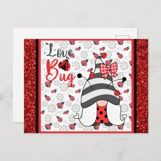 Carte Postale Gnome mignonne Amour Bug Ladybug Valentines Day (Devant / Derrière)